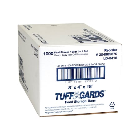 Tuffgards Low Density Poly Roll Pack 8"x4"x18" Clear Food Storage Bag, PK1000 304985370